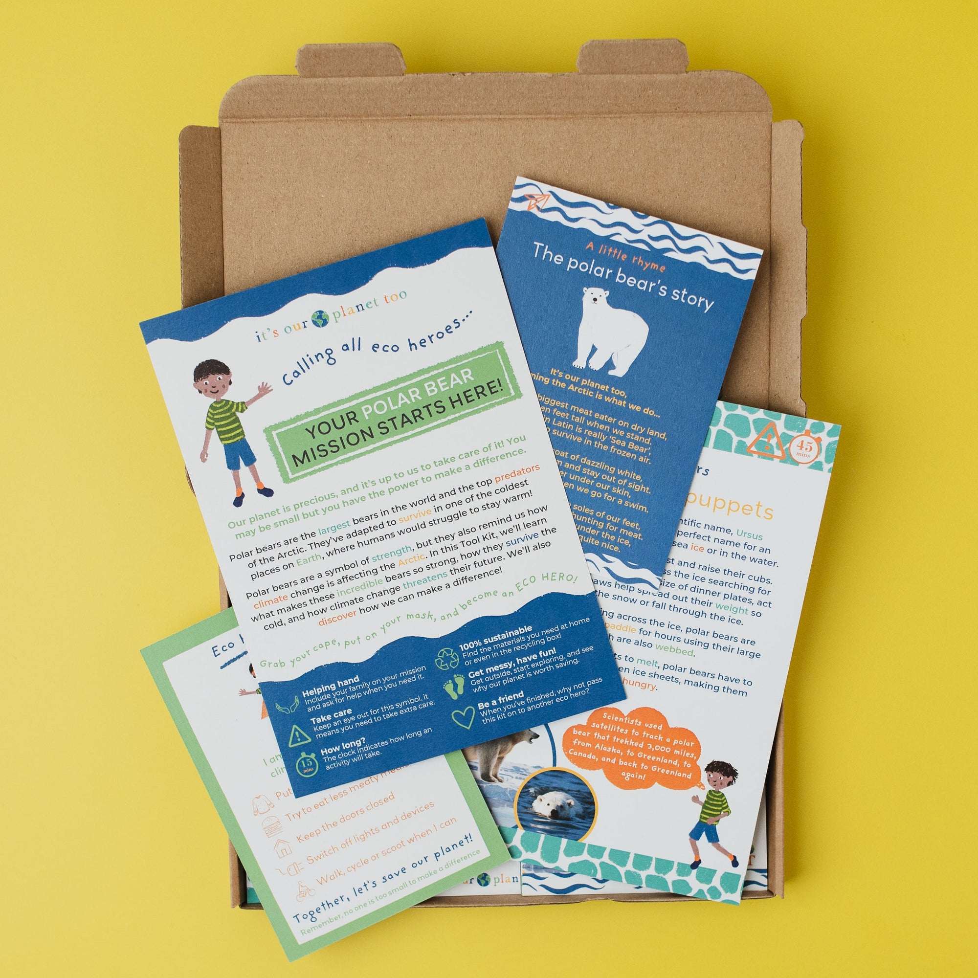 Educational materials including brochures and a letter on a yellow background