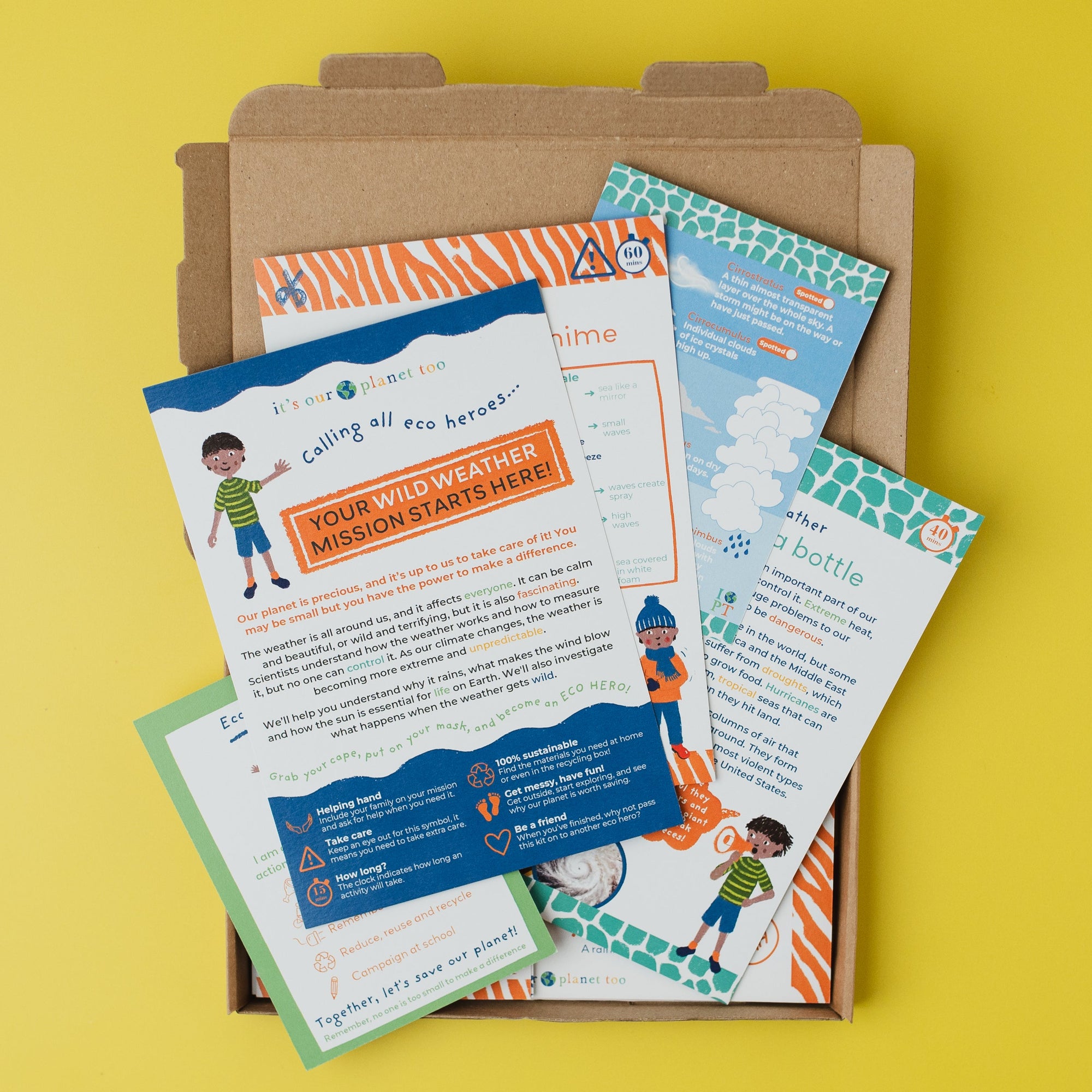 Educational materials including brochures and a letter on a yellow background