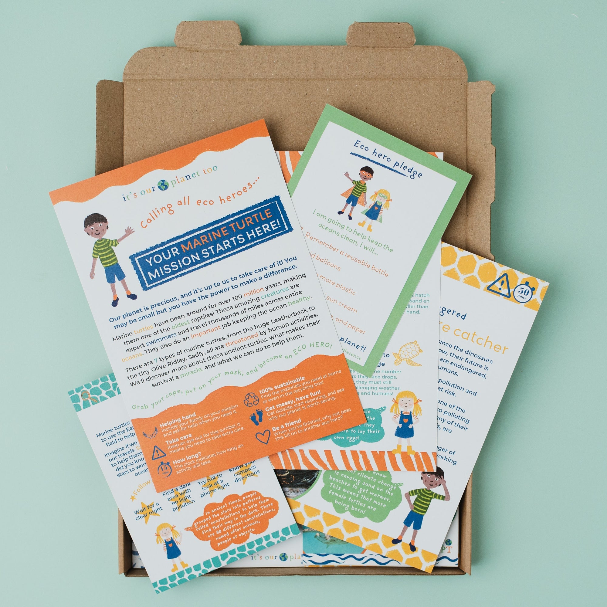 Educational materials with colorful designs on a light blue background