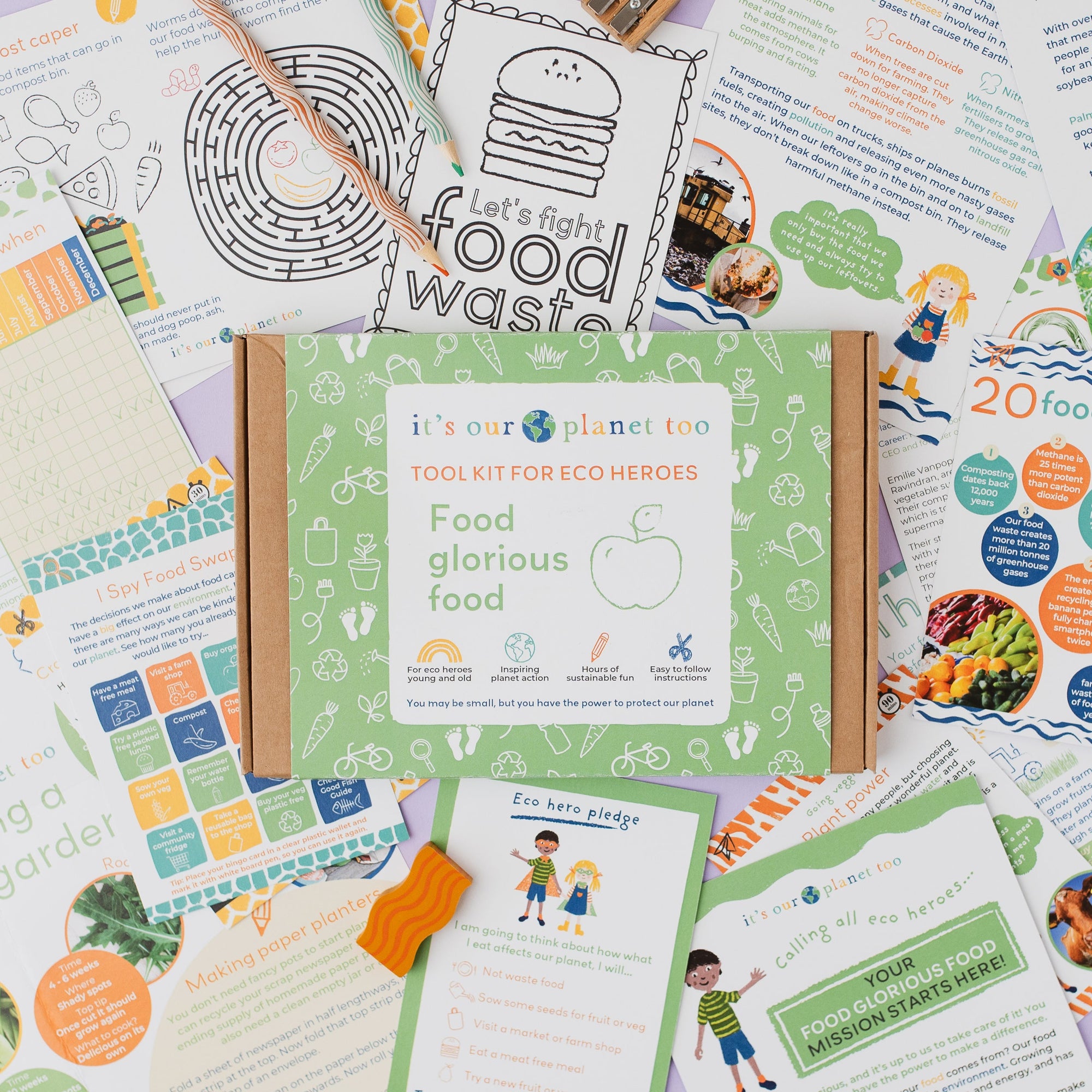 Educational materials on food waste reduction and sustainability, including posters and a green box labeled 'It's Our Planet Too'.