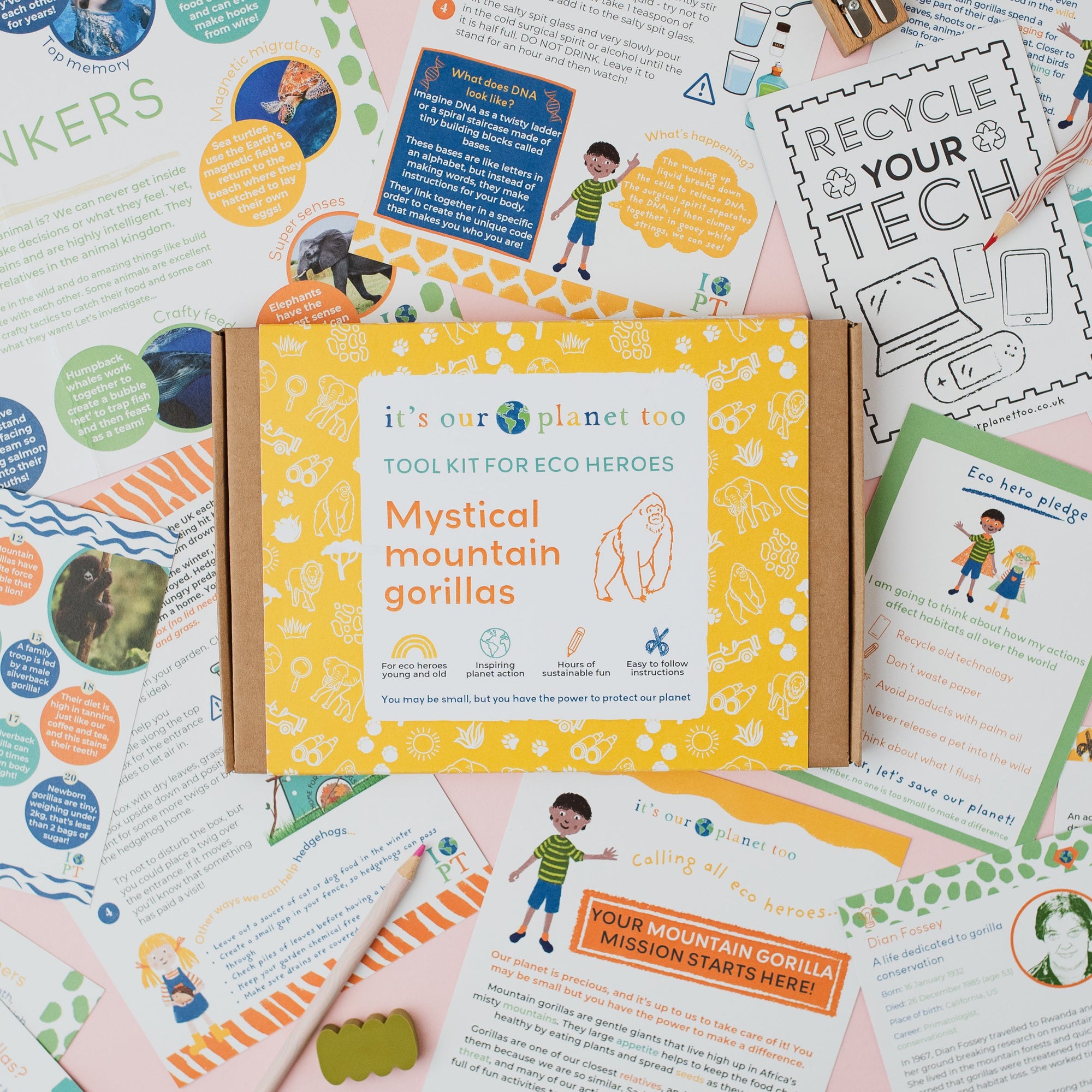 Educational materials and a box labeled 'it's our planet too' on a colorful background with various educational posters.