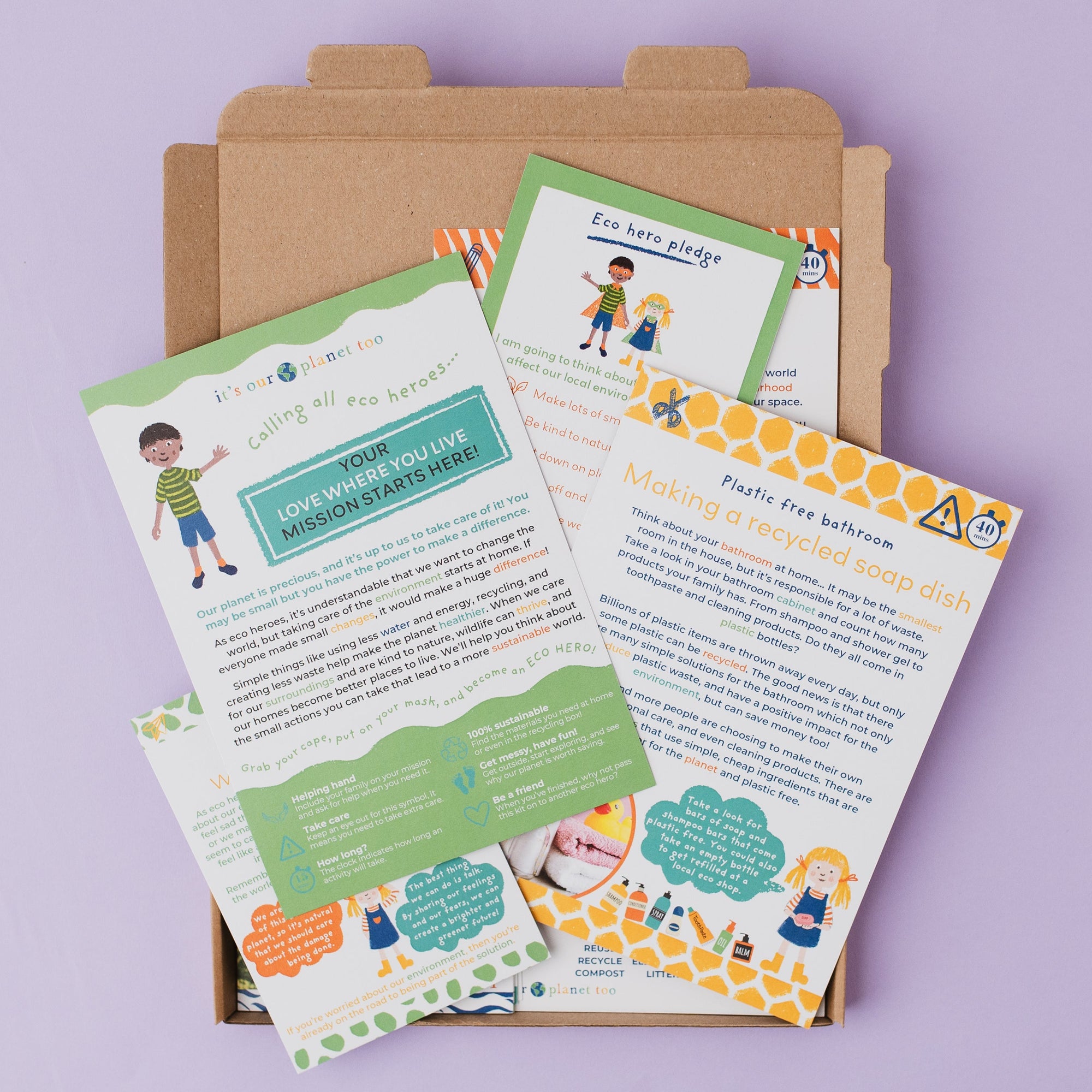 Educational materials with colorful graphics and text on a purple background