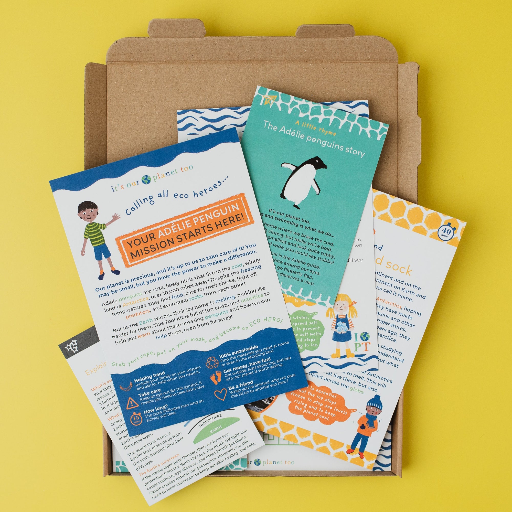 Educational materials including brochures and a letter on a yellow background