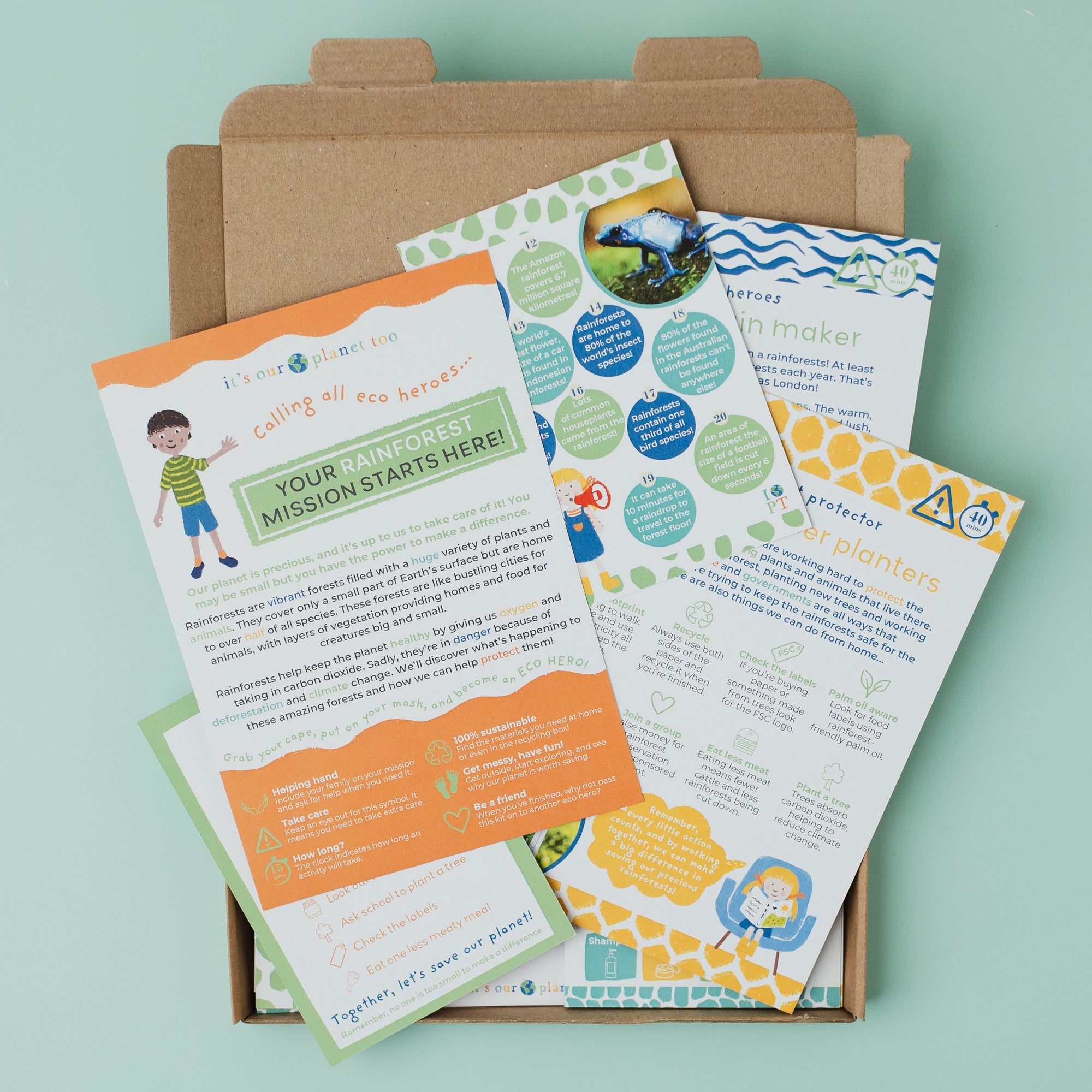 Educational materials including brochures and a letter on a light blue background