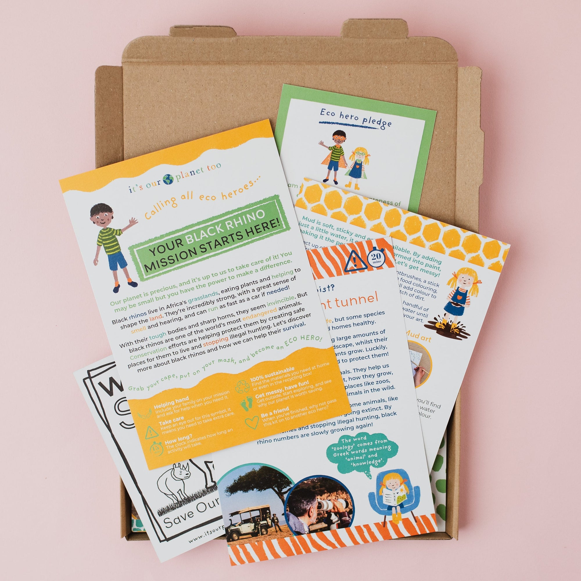 Educational materials with colorful designs on a pink background