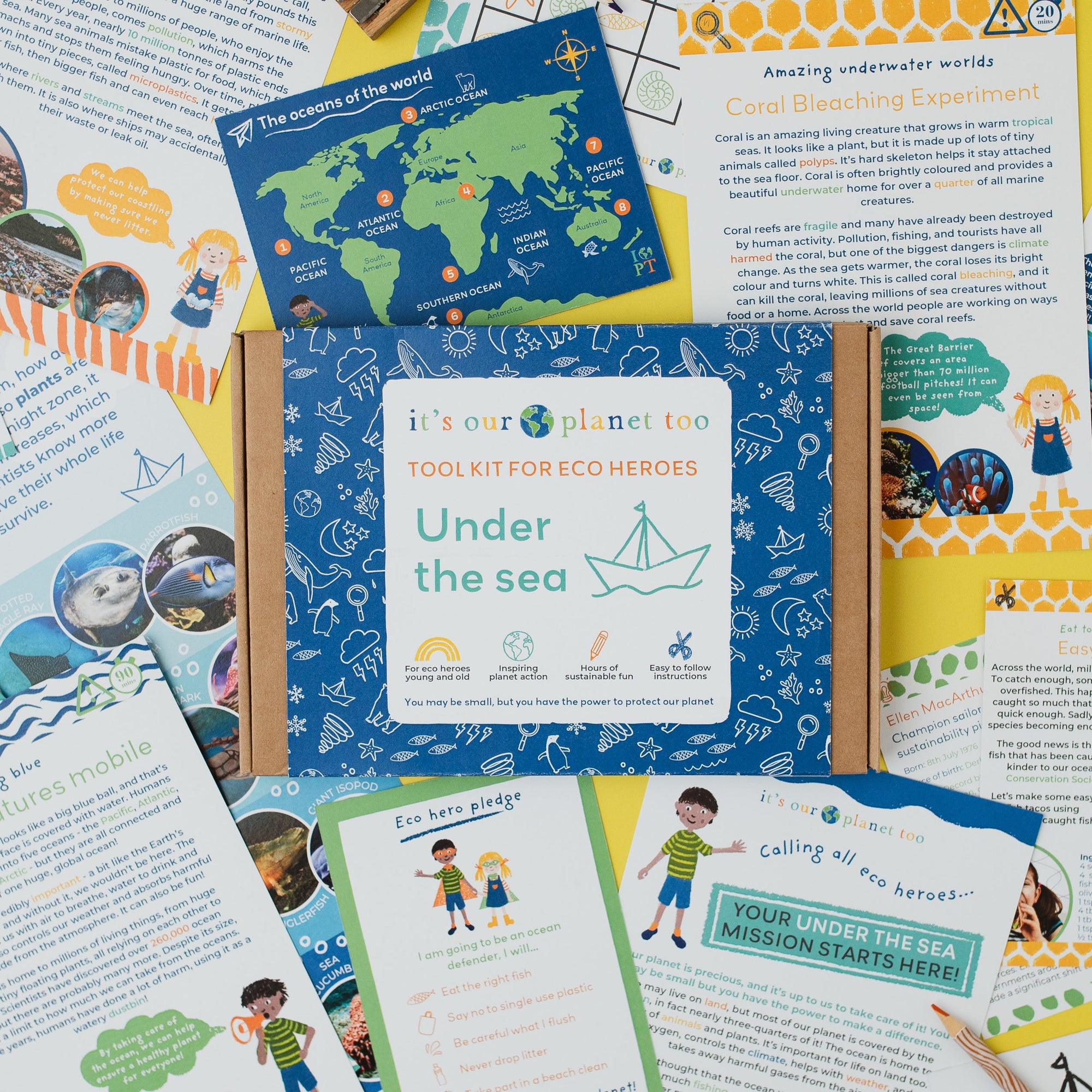 Educational materials for children on a yellow background, including maps and worksheets.