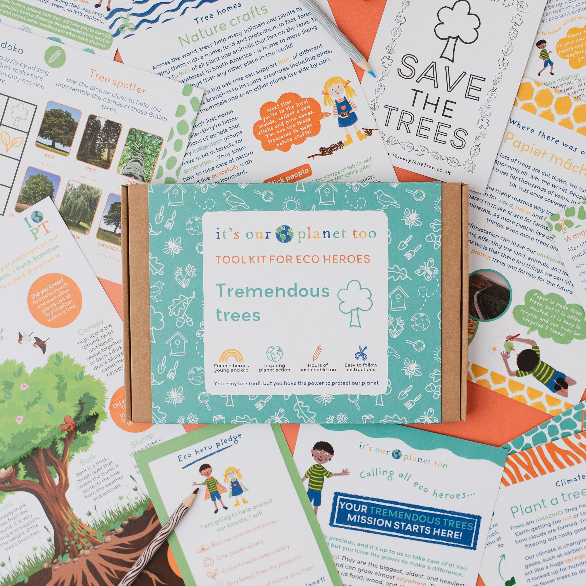 Educational materials on sustainability with 'Save the Trees' and 'Tremendous Trees' theme.