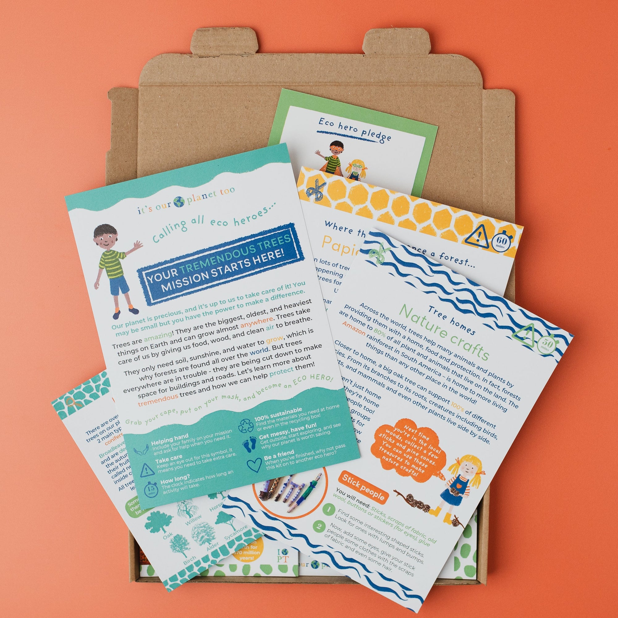 Educational materials including a letter and posters on an orange background