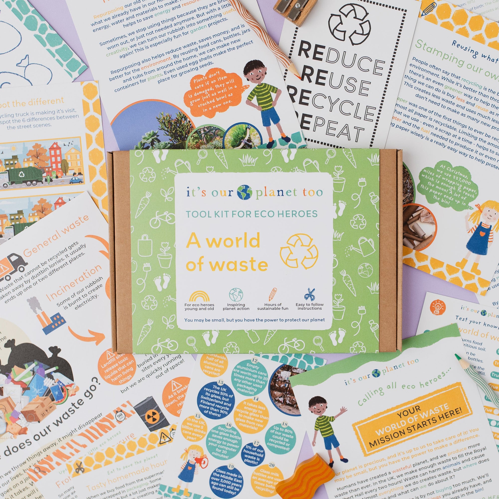 Educational kit for eco-heroes with worksheets and a box labeled 'A World of Waste'.